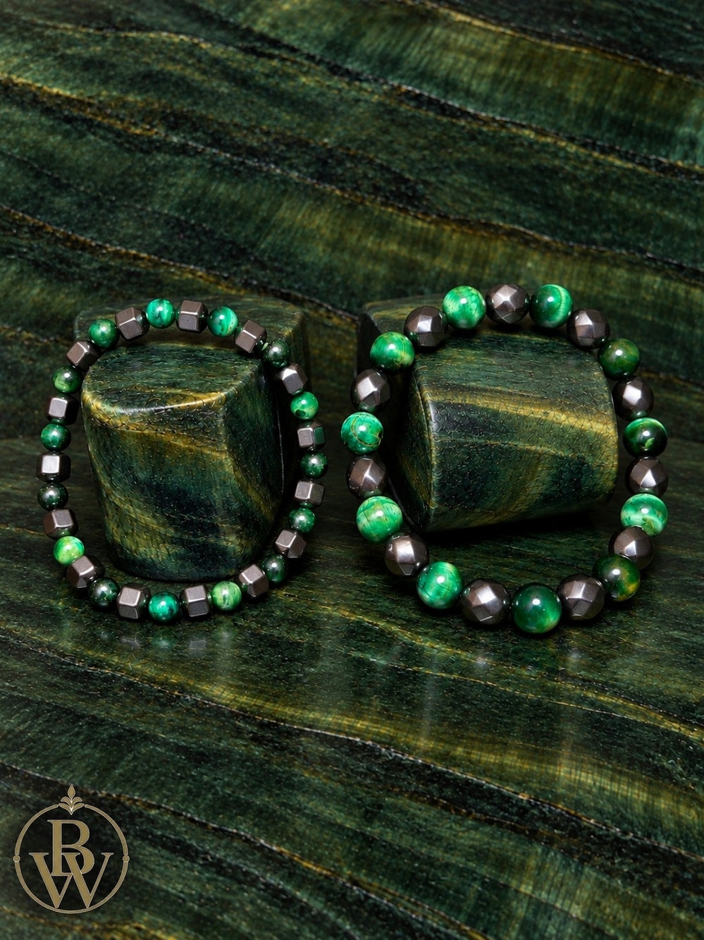 Green Tiger Eye And Hematite Beaded  Bracelet Set